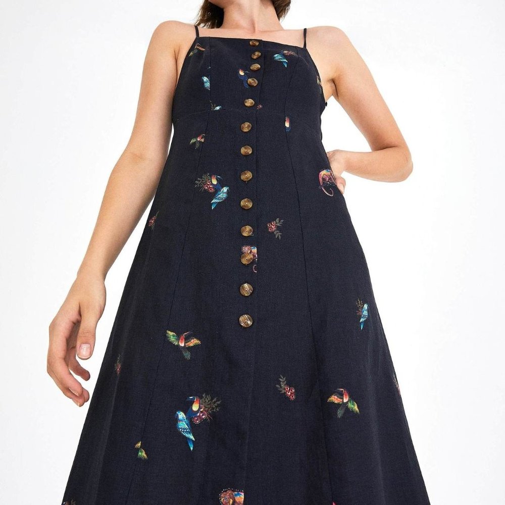 FARM RIO Jungle Tucanos Tie Shoulder Dress Medium